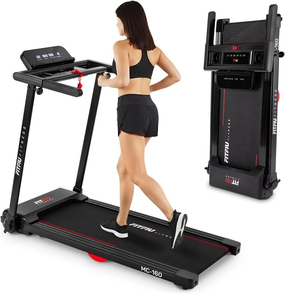 Cinta de correr plegable FITFIU Fitness MC-160 para entrenamiento en casa, diseño compacto en negro y rojo con monitor LCD.