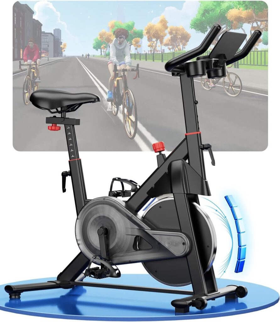 Bicicleta estática Copant con pantalla LCD, soporte para tabletas y conectividad a la app PitPat, ideal para entrenamientos en casa con resistencia magnética ajustable