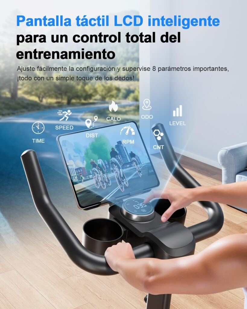 Pantalla táctil LCD inteligente de la bicicleta estática Copant, que permite un control total del entrenamiento mostrando parámetros como velocidad, distancia, calorías y más, con solo un toque