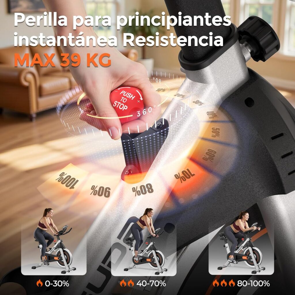 Primer plano de la perilla de resistencia ajustable de la Yosuda 002C, mostrando los niveles de intensidad del 0 al 100% y freno de emergencia