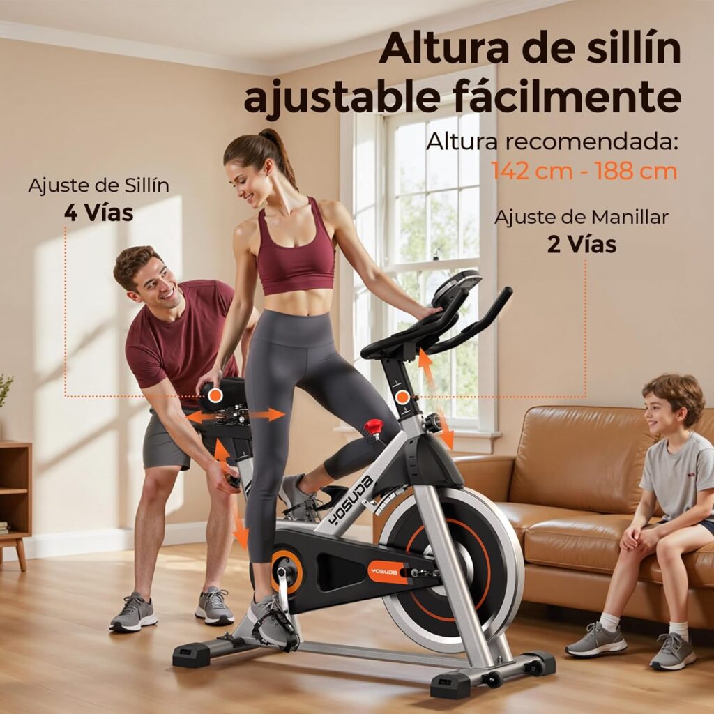 Familia ajustando el sillín de 4 vías y el manillar de 2 vías de la Yosuda, recomendada para alturas entre 142 cm y 188 cm
