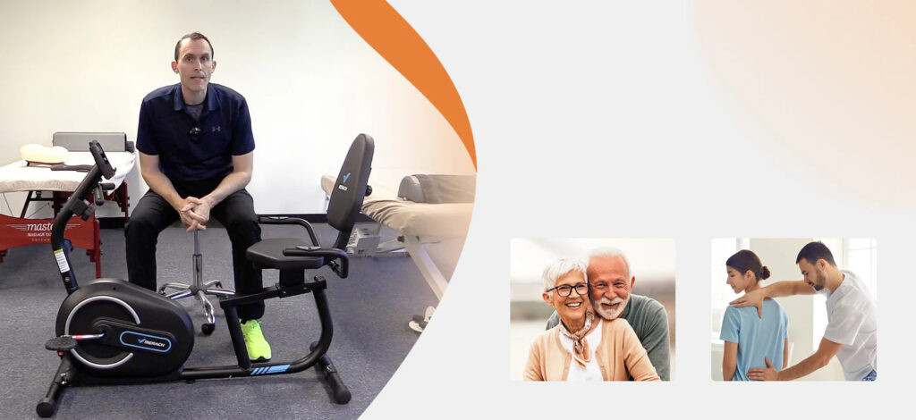 Un experto explicando el uso de la bicicleta reclinada Merach junto a imágenes de personas mayores y sesiones de fisioterapia, destacando sus beneficios para la rehabilitación y salud de la espalda