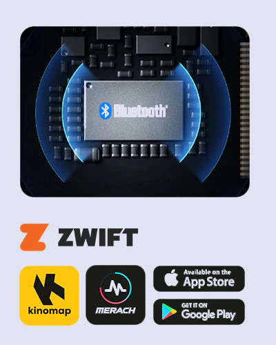 Infografía de conectividad Bluetooth de la bicicleta Merach mostrando compatibilidad con aplicaciones de entrenamiento Zwift, Kinomap y la App de Merach, disponible en App Store y Google Play