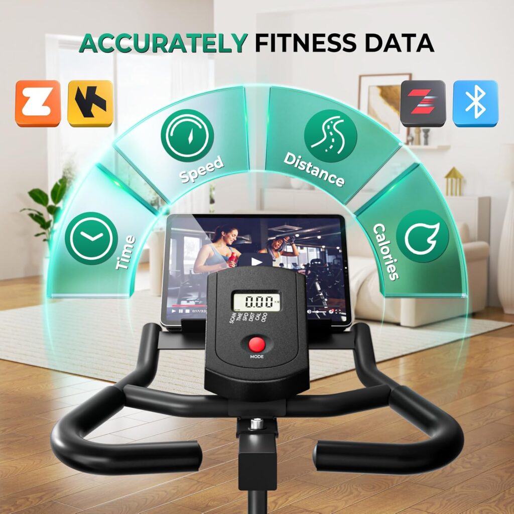 Monitor digital LCD de la bicicleta ONETWOFIT que muestra tiempo, velocidad y calorías, con conectividad Bluetooth para Zwift y Kinomap
