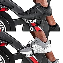 Primer plano de los pedales de doble cara de la Schwinn 800IC compatibles con calas SPD y zapatillas deportivas estándar mediante rastrales