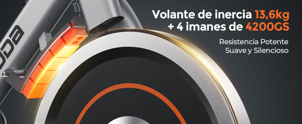 Detalle del volante de inercia de 13,6 kg y sistema de 4 imanes de neodimio de la bicicleta Yosuda 002C