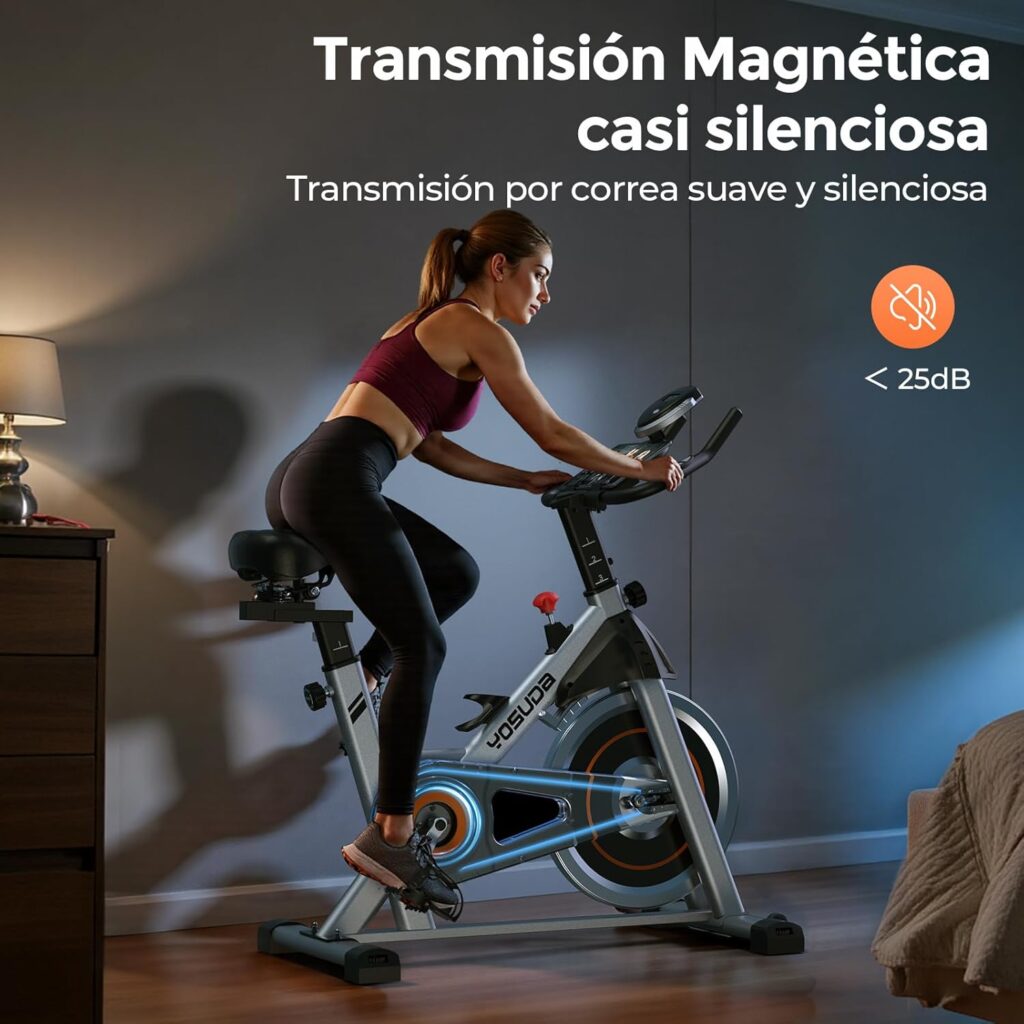 Mujer entrenando en casa con la bicicleta de spinning Yosuda 002C de resistencia magnética, destacando su sistema silencioso de menos de 25 decibelios